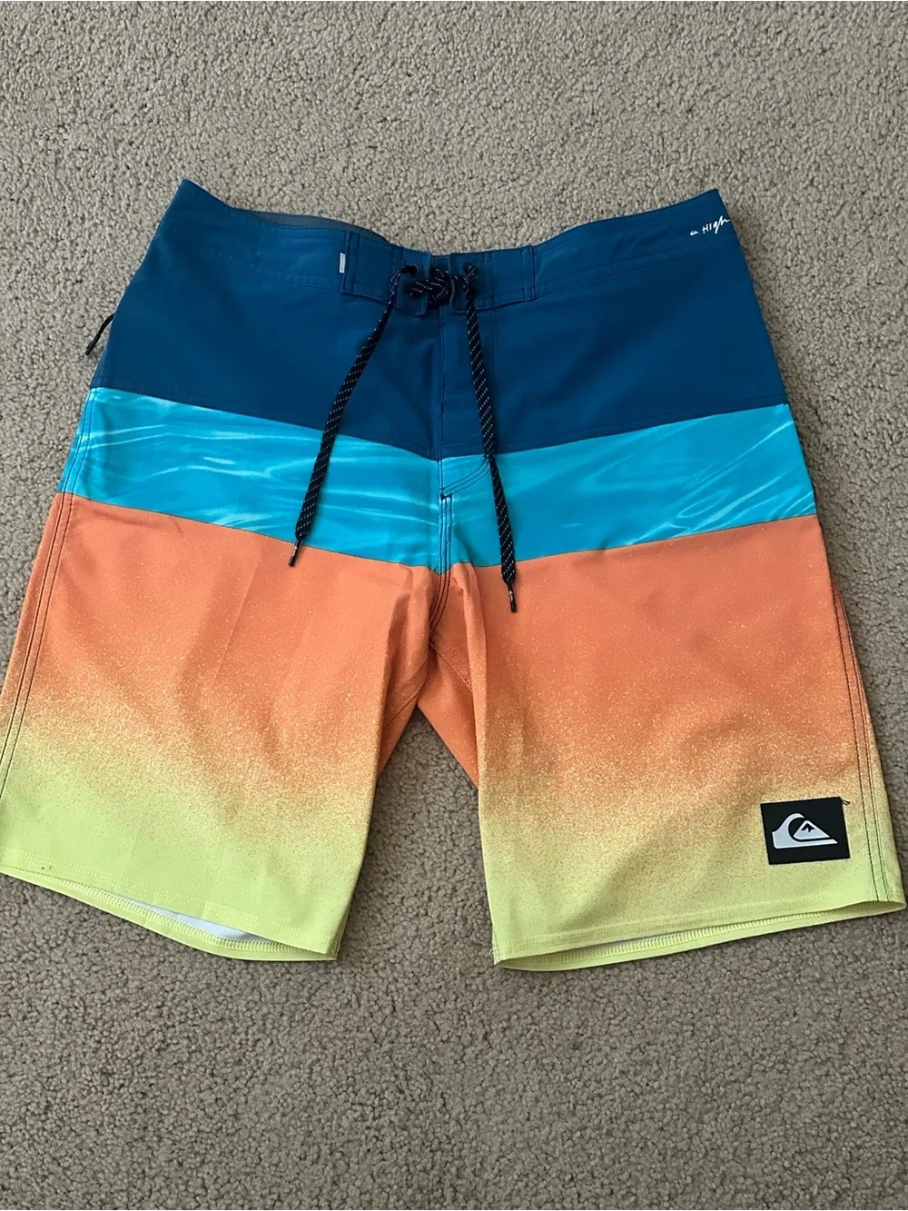 Quiksilver Men’s Teal, Aqua, Orange & Lime Colorblock Board Shorts
